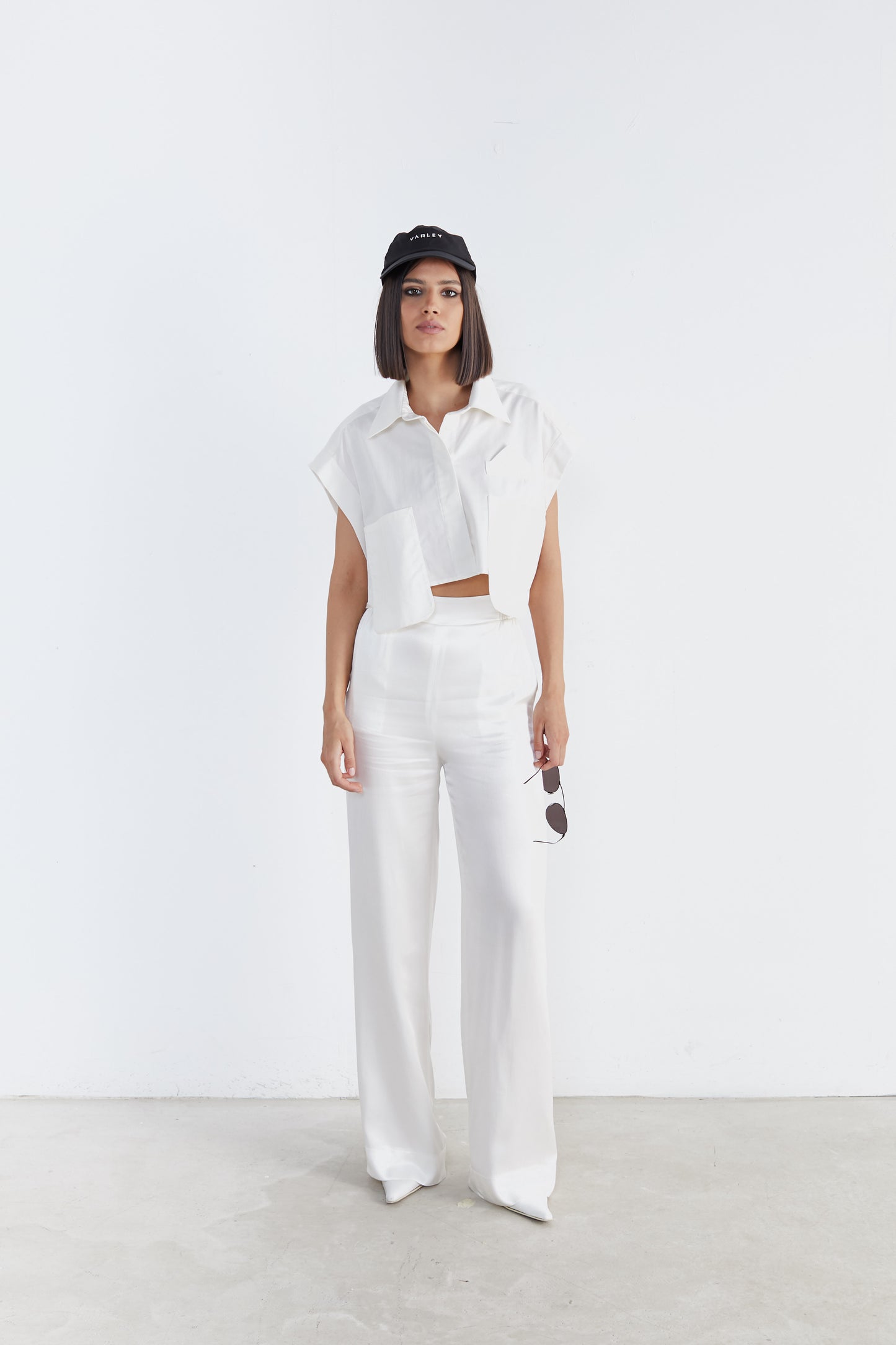 White Shoulder-Cut Crop Shirt